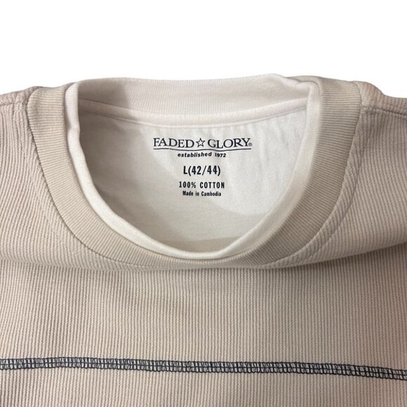 Faded Glory Beige Long-Sleeve Crewneck Shirt L (42/44) 100% Cotton Striped Desig - Picture 3 of 3